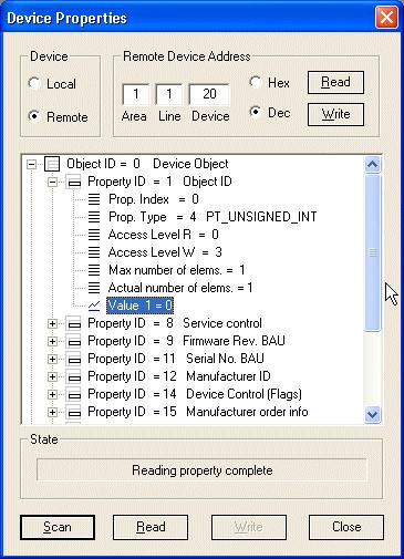 Figure 10 shows the dialog for handling the interface objects (properties). With the Scan button, the complete set of property descriptors will be read automatically.