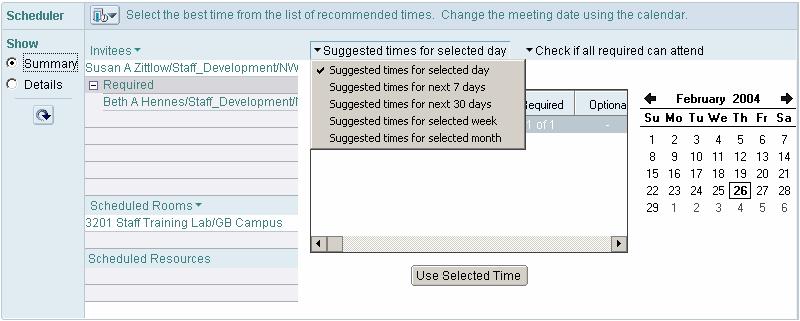 Two: Use the Summary view and choose to show Suggested times for selected day drop-down menu *Note: You can click the icon in the Scheduler Section to collapse the section. 7.