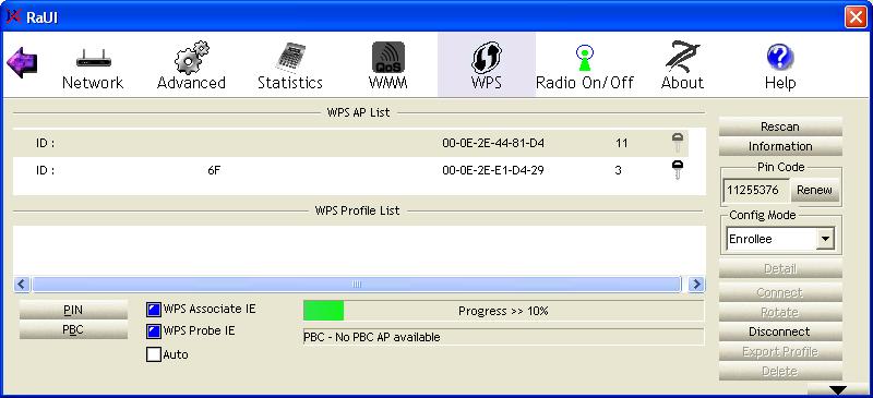 4. Should the WPS function fail (as indicated on the following screen, which shows that WPS pairing failed because no WPS-enabled AP was found), you may find that clicking PBC a few more times will