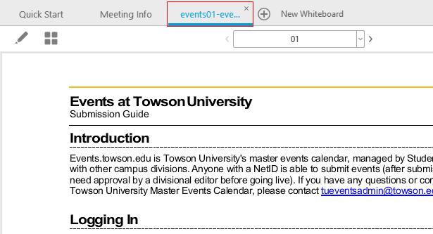 3. A new tab will open in the WebEx Session window and the document or presentation will appear. Figure 3 4. You will see a right and left arrow above the document or presentation.