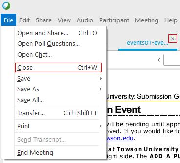 To close a shared document or presentation, make sure the tab for that document or presentation is selected.