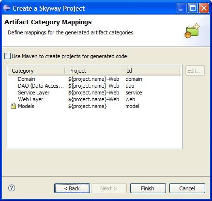Skyway Project Figure 2.4. PAM - Create a Skyway Project Wizard: Artifact Category Mappings 4. When done, click Finish.