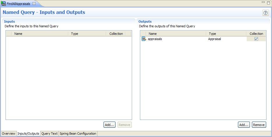 Data Layer Figure 3.15. FindAllAppraisals - Named Query Editor: Inputs/Outputs 5.