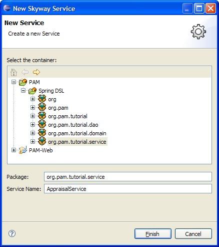 Service Layer Figure 4.3. AppraisalService - New Skyway Service Wizard: New Service 3. When done, click Finish. 1.3. TASK: Add SaveAppraisal Operation Service functions are specified as Operations, which represent stateless application logic.