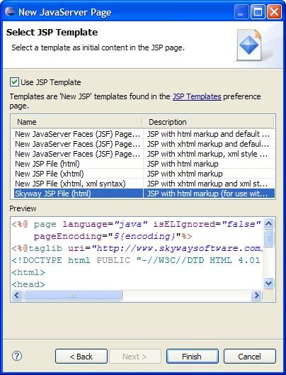 Select Skyway JSP File (html) as the template, and click the