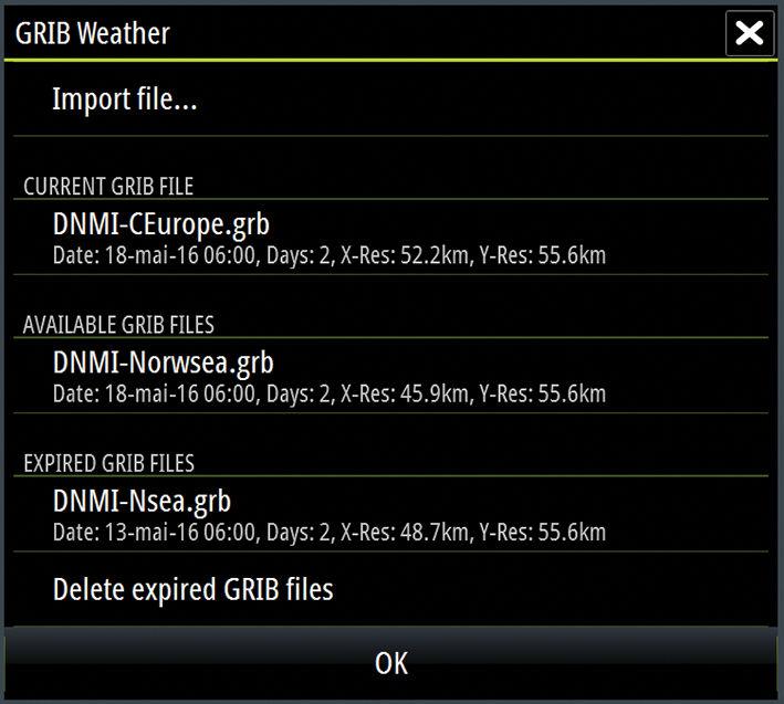 The Forecast menu option on the Chart panel displays the GRIB weather dialog. Use the import file option in this dialog to open the File manager and import a GRIB file into memory.