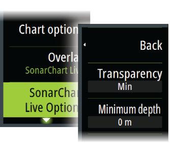 Adjust the transparency to allow the chart details to be seen. Minimum depth Adjusts what SonarChart Live rendering treats as the safety depth. This affects the coloring of the SonarChart Live area.