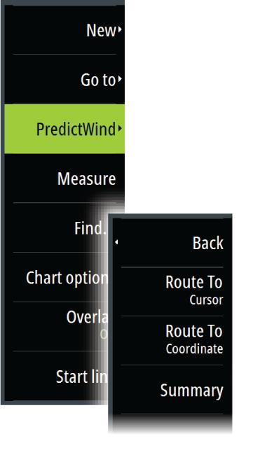 Route to cursor a. Activate the cursor on the chart. b. Select the PredictWind menu option. c. Select Route to cursor to specify route to cursor information.
