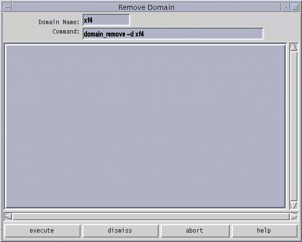FIGURE 3-2 Remove Domain Window 3. If the default domain_remove(1m) command is satisfactory, click the execute button; otherwise, edit the command first.