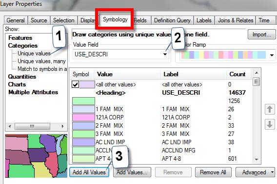 10. Next, click on Add All Values - each unique value in the Use_descri field of the attribute table will appear with its own color. Your dialog box should look something like this 11.