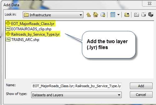 2. Add the two files that end in.lyr as show below: 3. You ll see a red exclamation mark (!