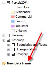 1. In Layout View, choose Insert - Data Frame from the main menu a new data frame box appears in your layout. You ll see the New Data Frame listed in the table of contents: 2.