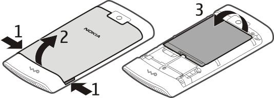 Alustamine 7 11 Micro-USB-liides 12 Laadija ühenduspesa 13 Randmepaela kinnitusava 14 Helitugevusnupud 15 Klahvilukunupp 16 Kaamera objektiiv 17 Nokia AV-liides (3,5 mm) SIM-kaardi ja aku