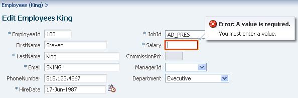 When the initial Employees tab appears, click the edit icon for employee Steven King to edit the data. First try blanking out the existing value of Salary and pressing the Save button.