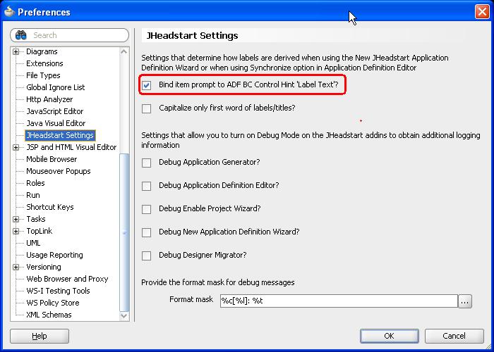 In this panel, the checkbox option Bind item prompt to ADF BC Control Hint Label text? determines this behavior.