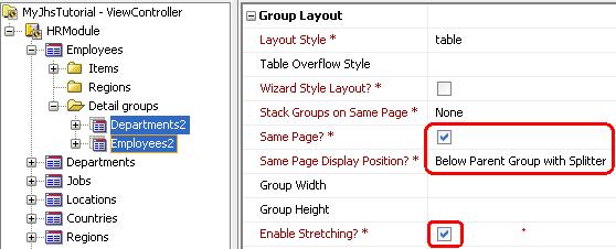 Select the Employees2 group and set its Tabname, Display Title (Plural), and Display Title (Singular) properties (in
