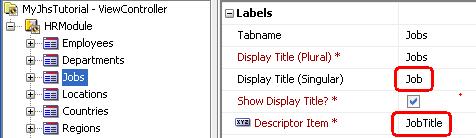 As shown below, set the Descriptor Item property of the Jobs group to JobTitle. And set the Display Title (Singular) to Job. 4.