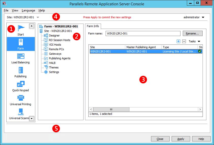 Getting Started with Parallels Remote Application Sever Parallels Remote Application Server Console Layout The Parallels RAS Console consists of the following sections: This section lists categories.