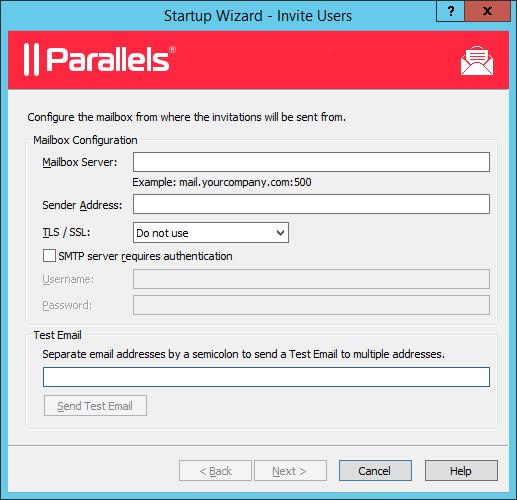 Getting Started with Parallels Remote Application Sever 2 The Invite Users wizard opens: 3 Specify the mailbox information that should be used to send invitation emails to users: Mailbox Server: