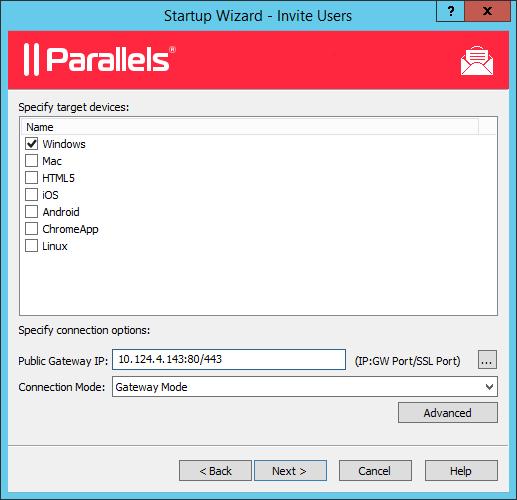 Getting Started with Parallels Remote Application Sever 6 On the next page of the wizard, specify target devices and connection options: In the target devices list, select the types of devices to