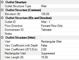 In the Outlet Structure section, next to Weir select Rectangular Weir. Set the Weir Coefficient to 2.6, set Rectangular Weir to Suppressed, and set the Weir Length to 15 feet.