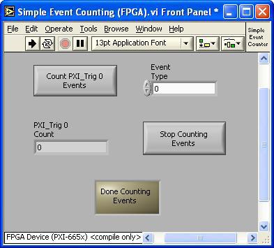 Chapter 8 LabVIEW FPGA Module Examples FPGA VI Figure 8-1 shows the front panel of the VI targeted to the NI PXI-665x. Figure 8-1. LabVIEW FPGA Target VI Front Panel The following controls and indicators are on the FPGA VI front panel.