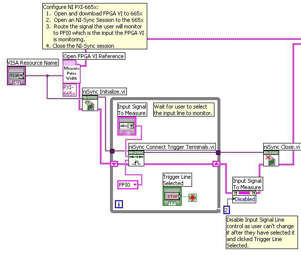 Chapter 8 LabVIEW FPGA Module Examples Figure 8-10 shows the first part of the LabVIEW VI running on the host. Figure 8-10. Host VI Block Diagram Showing Device Configuration The first part of the host VI involves opening sessions to the VI and device for configuration.