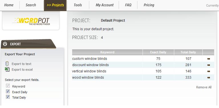 This last column allows you to create projects and select the keywords to wish to save for further investigation and