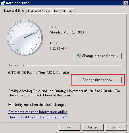 Click Change time zone to change the time zone.