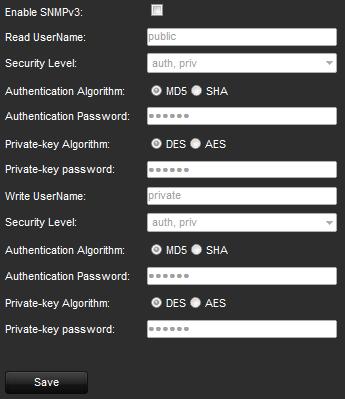 6. When the security level is set to auth, priv, configure the Authentication Algorithm and Privacy Algorithm parameters.
