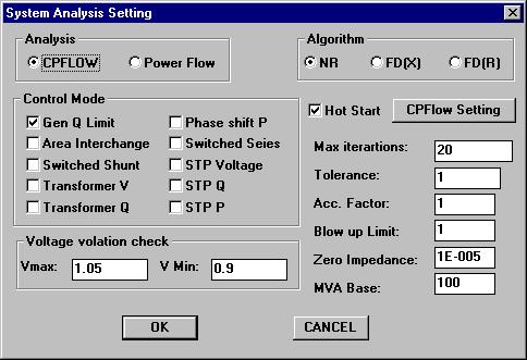 3.2 System Settings 3.2.1 Power Flow Setting Selecting the menu item "Power Flow Setting" under "Analysis" pops up the following setting dialog box: Figure 3.