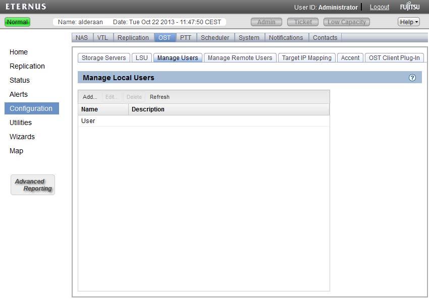 Configuring the ETERNUS CS800 S6 NetBackup and Backup Exec OST Guide Figure 1: Manage Users Page 3. Click Add. 4.
