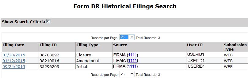Historical BR Filings (Continued) Select the Filing ID to view the filing.