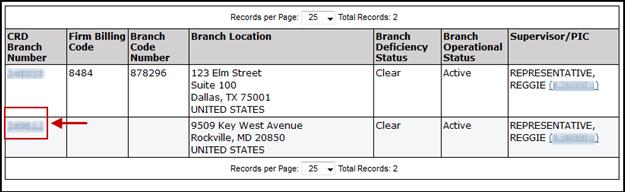 Branch Office Information in View Organization (Continued) Once the branch search results are displayed, click on the CRD Branch Number hyperlink to view the branch