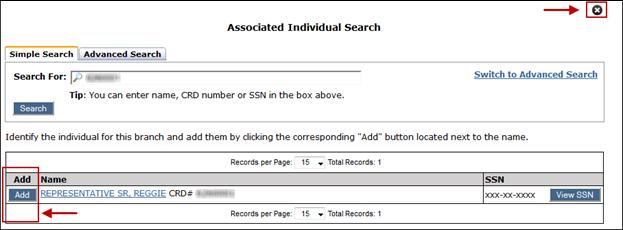Adding Associated Individuals on an Initial Form BR To associate individuals in Section 5 with a new branch office, click the Add button.