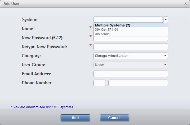 Figure 18. Adding a user to multiple systems Furthermore, we can select which of the XIV systems we add the user to.