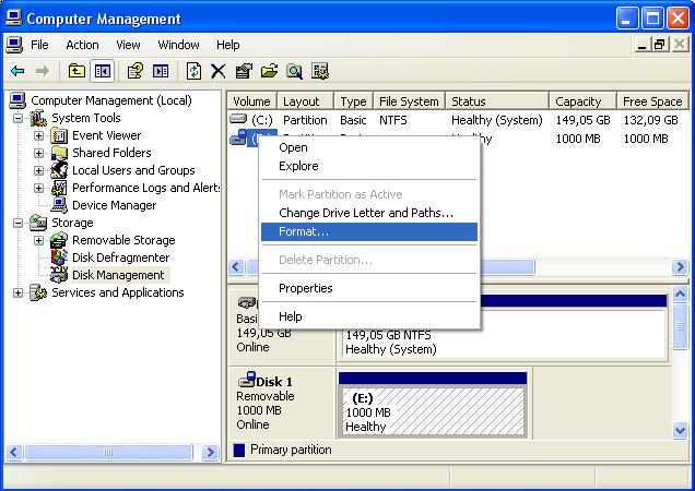 in Storage->Disk Management window right click on the USB stick device and choose "Format.