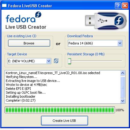 button "Create LiveUSB": To boot the Kontron Linux distribution, insert it into
