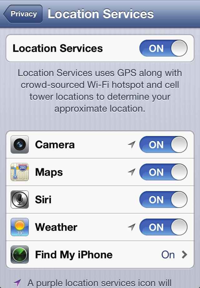 Ensure that the Off option is selected next to Camera and any other app you do not wish to know your current