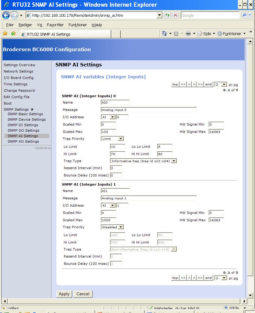 SNMP AI Settings / Analogue inputs (Integers) SNMP AI reported on analogue inputs are configured on this page.