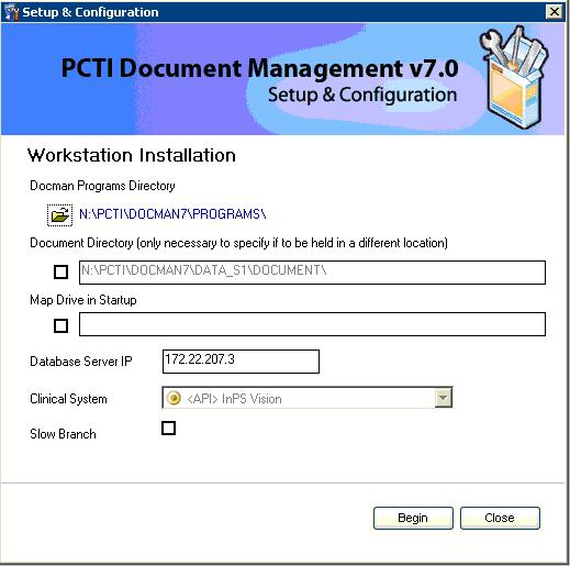 Click Begin to start automatically configuring the Docman 7 Client, this will set up the file locations and also connectivity to Vision. Setup & Configuration 3.