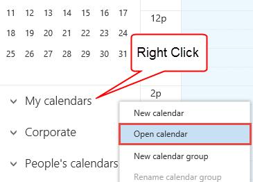 Choose "Open Calendar" Enter the name of the person that has shared their calendar with you Choose "Open" Contacts To access your Contacts, choose "People" from the main navigation button.