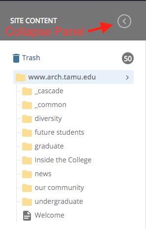 The file explorer panel can be collapsed to provide more screen space when editing content.