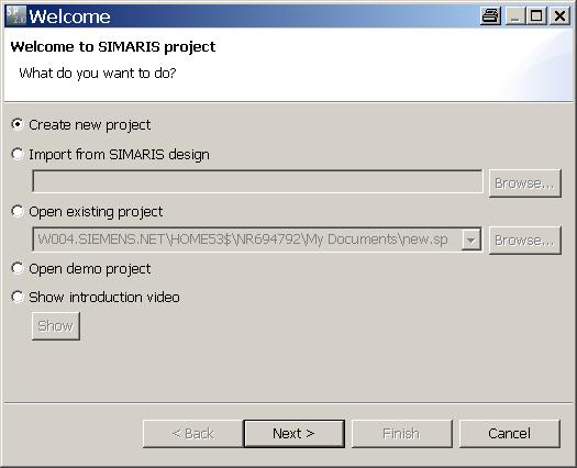 3 First Start 3.1 Call start wizard Whe you start the SIMARIS project softw are, the start w izard opes automatically. 3.1.1 Create ew project Select "Create a ew project".