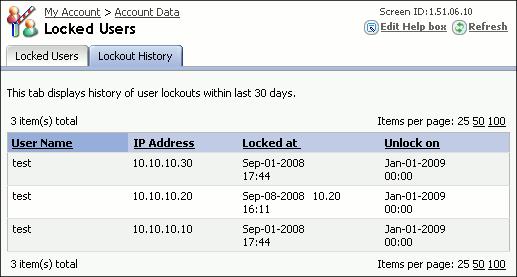 For each locked user, the tab shows the IP address from which access was locked, and the locking and unlocking date/time.