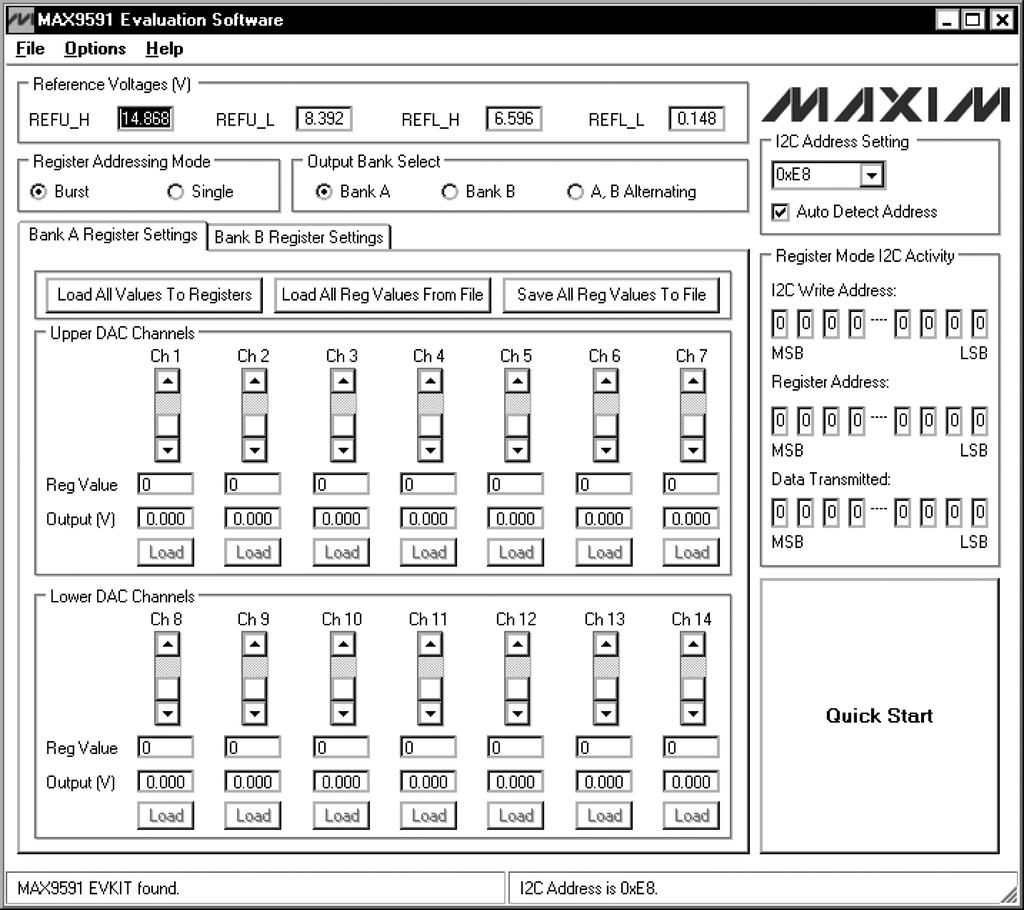 Figure 1. MAX9591 Evaluation Software Main Window Detailed Description of Software The MAX9591 evaluation kit (EV kit) software main window is shown in Figure 1.