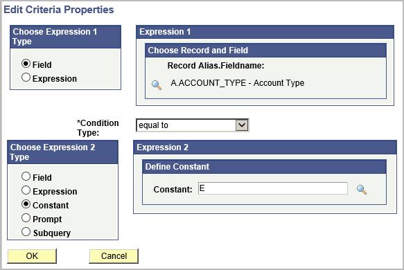3. You will see the Edit Criteria Properties page: The 5 Account Types are: Expense (E) Revenue (R) Asset (A) Liability (L) Net