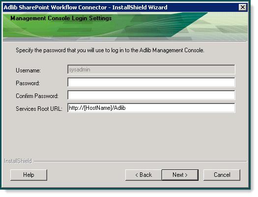 6. In the Management Console Login Settings window, specify and confirm the Password used to login to the Adlib Management Console and ensure that the Service Root URL: path points to the location of