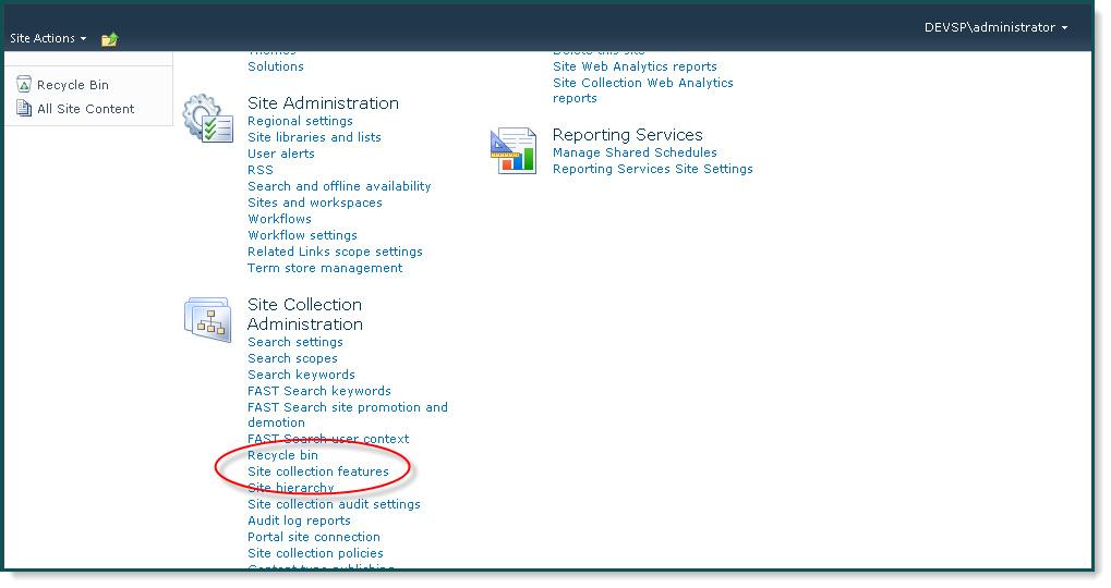 7. On the Site Settings page, select Site Collection Features under the Site Collection Administration