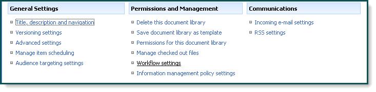 Associating Workflows to Document Libraries Once the solution has been deployed and the features activated, the workflows must be associated with a document library, site or list content type before